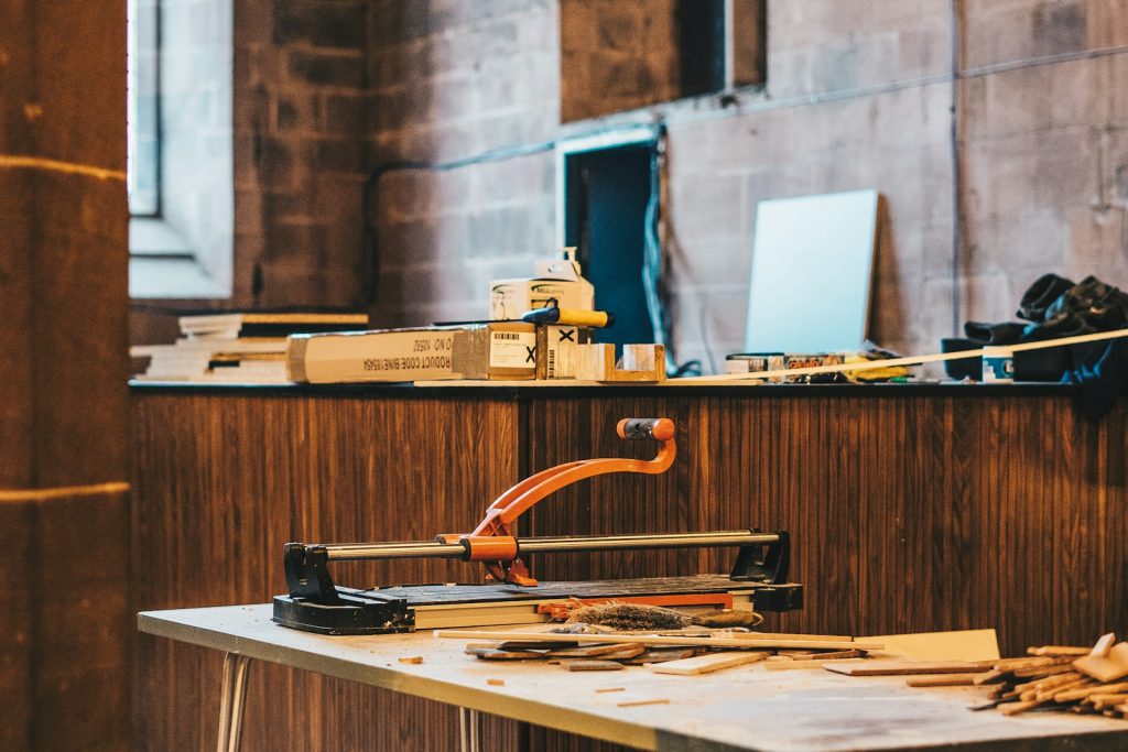 a desk with a drill and a drill on it